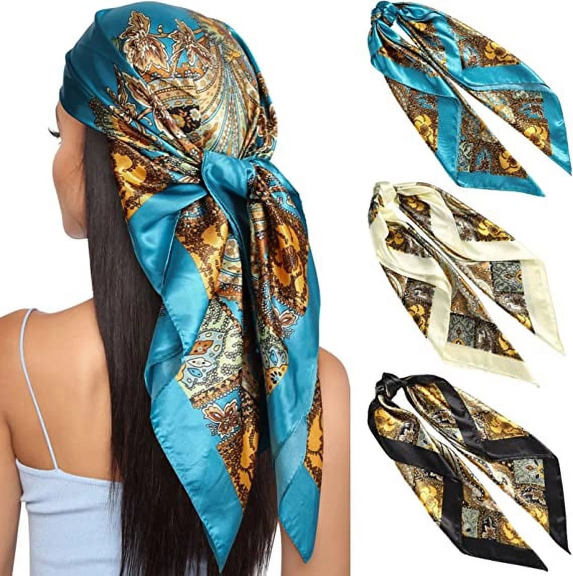 35” Large Square Satin Head Scarf - 3Pcs Satin Hair Scarves Silk Bandana Scarf Headscarf Silk Feeling Scarf for Women